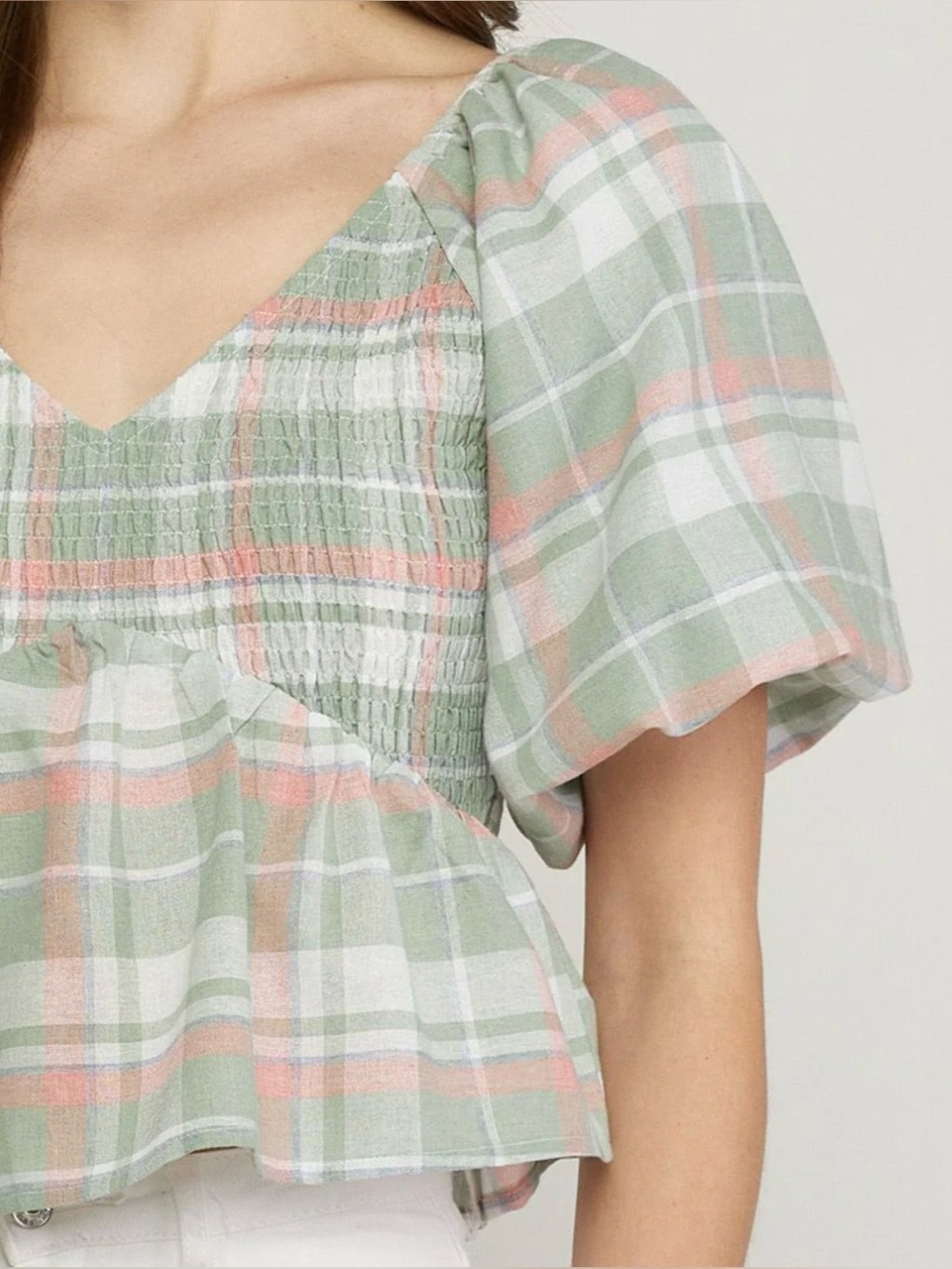Entro Womens L Green Plaid Puff Sleeve Peplum Top Summer Preppy Fairy Feminine - Picture 7 of 15